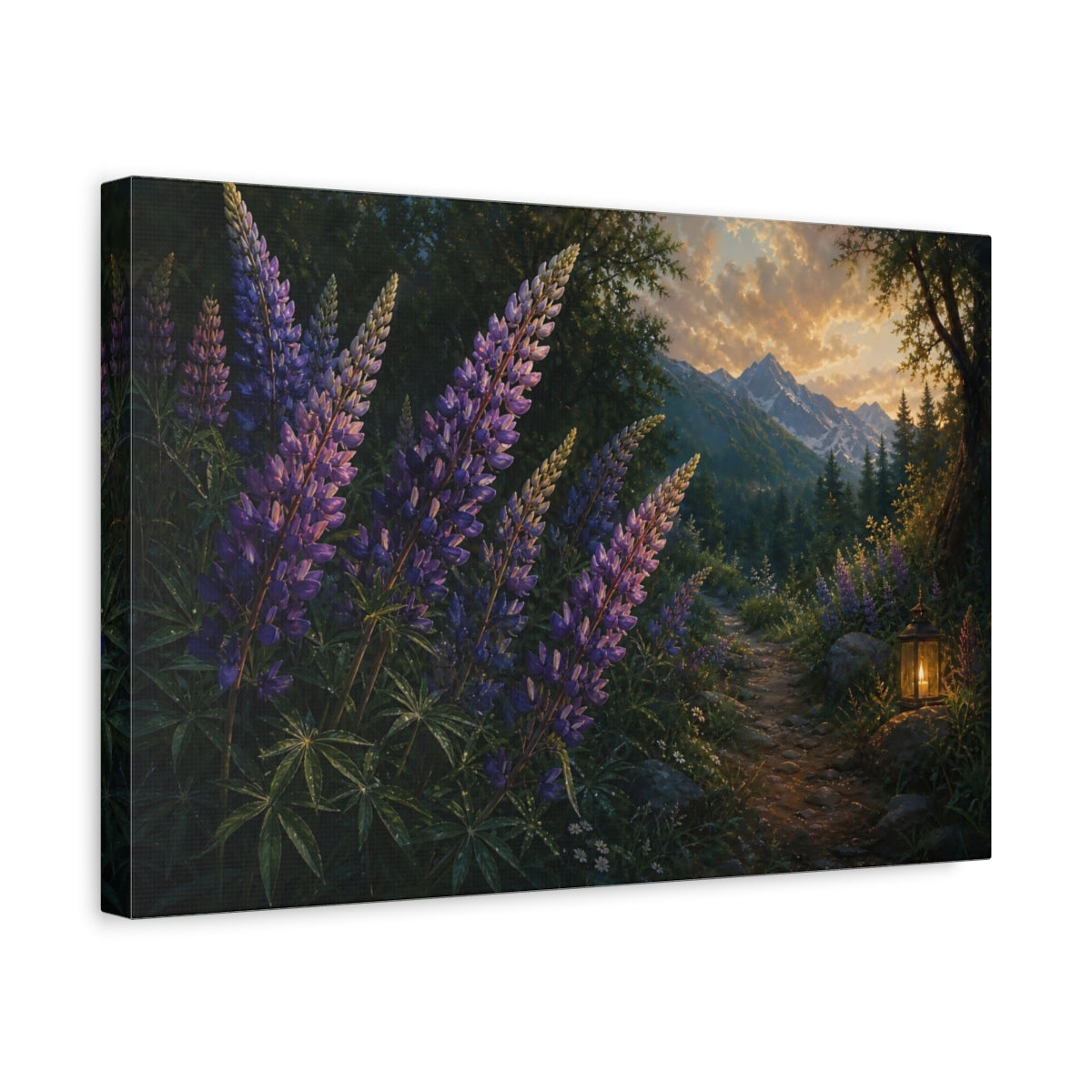 Side Mockup 4. Nature Lupines Purple And Green shown as stretched canvas wall art