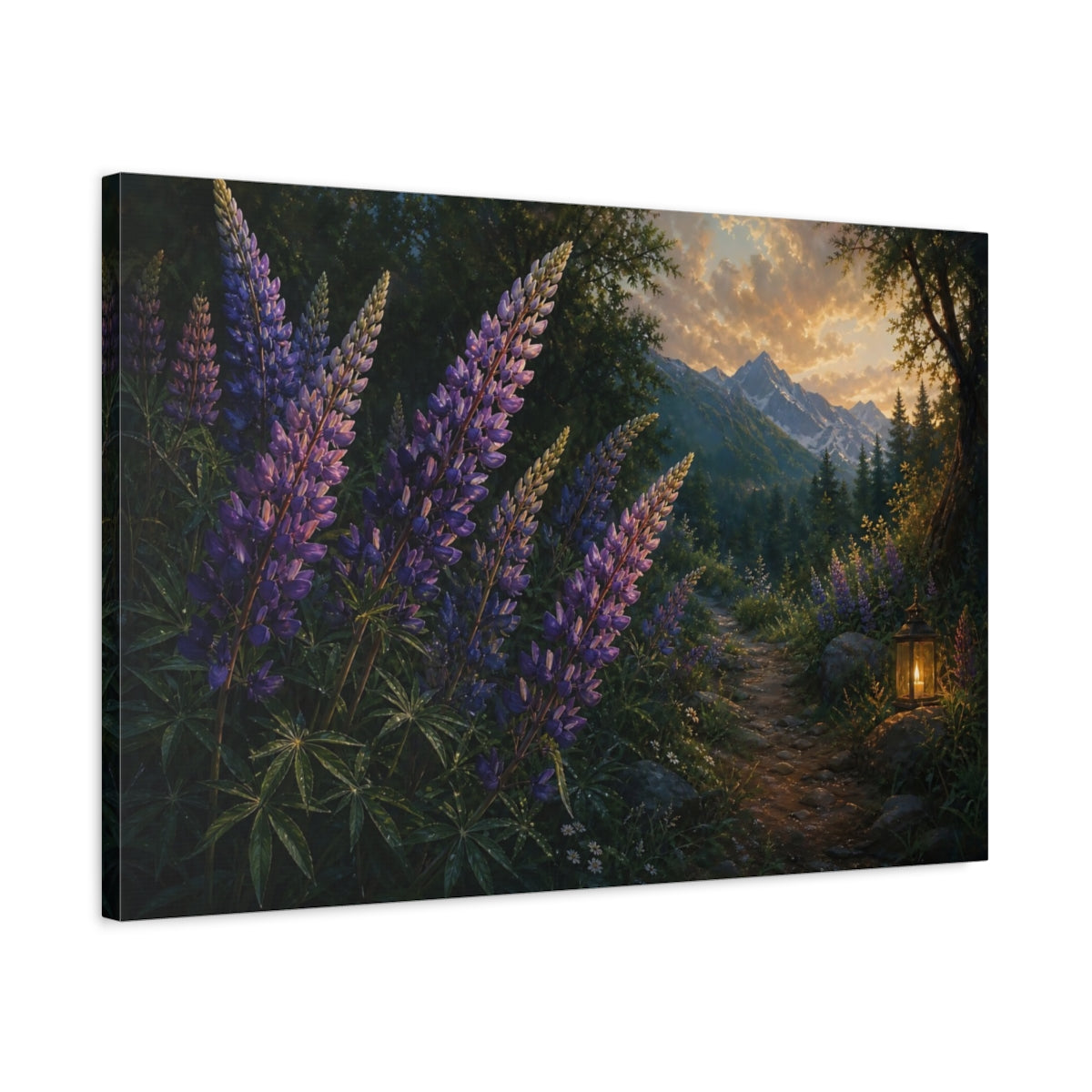 Side Mockup 2. Nature Lupines Purple And Green shown as stretched canvas wall art