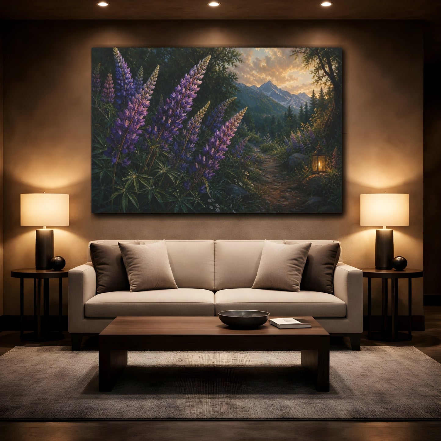 Mockup 2. Nature Lupines Purple And Green shown as stretched canvas wall art