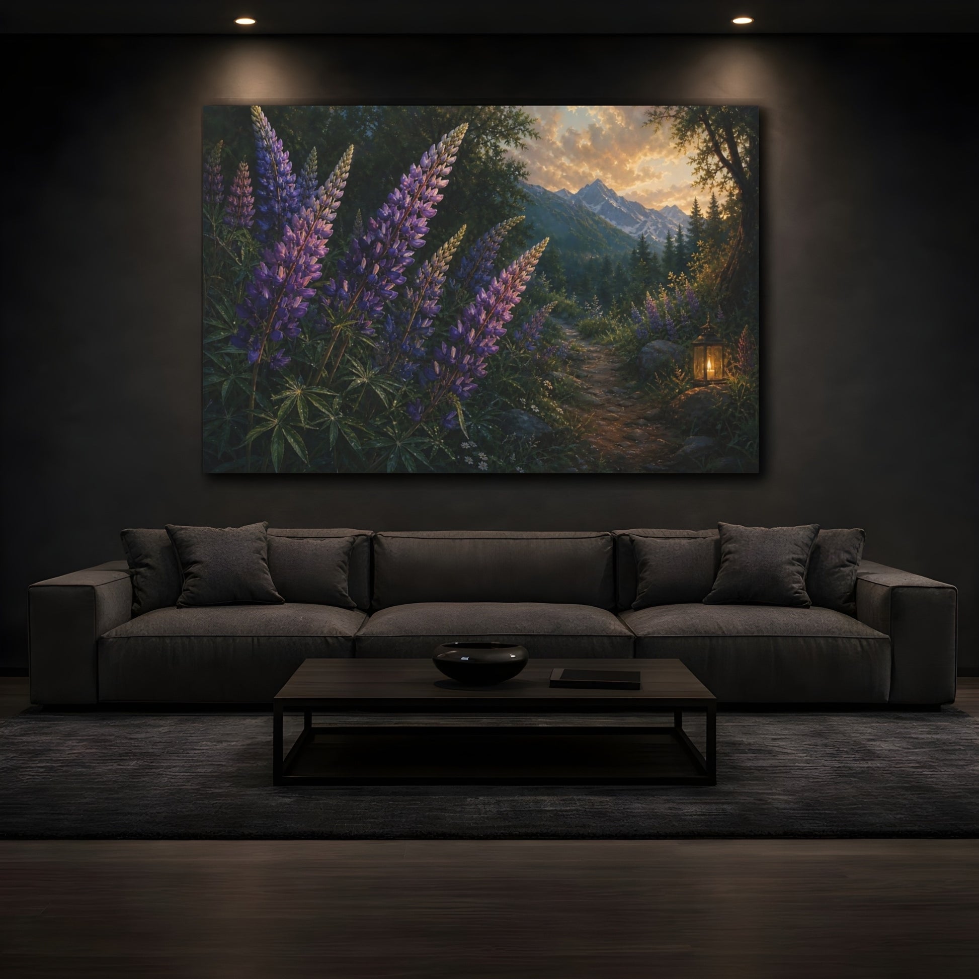 Mockup 3. Nature Lupines Purple And Green shown as stretched canvas wall art