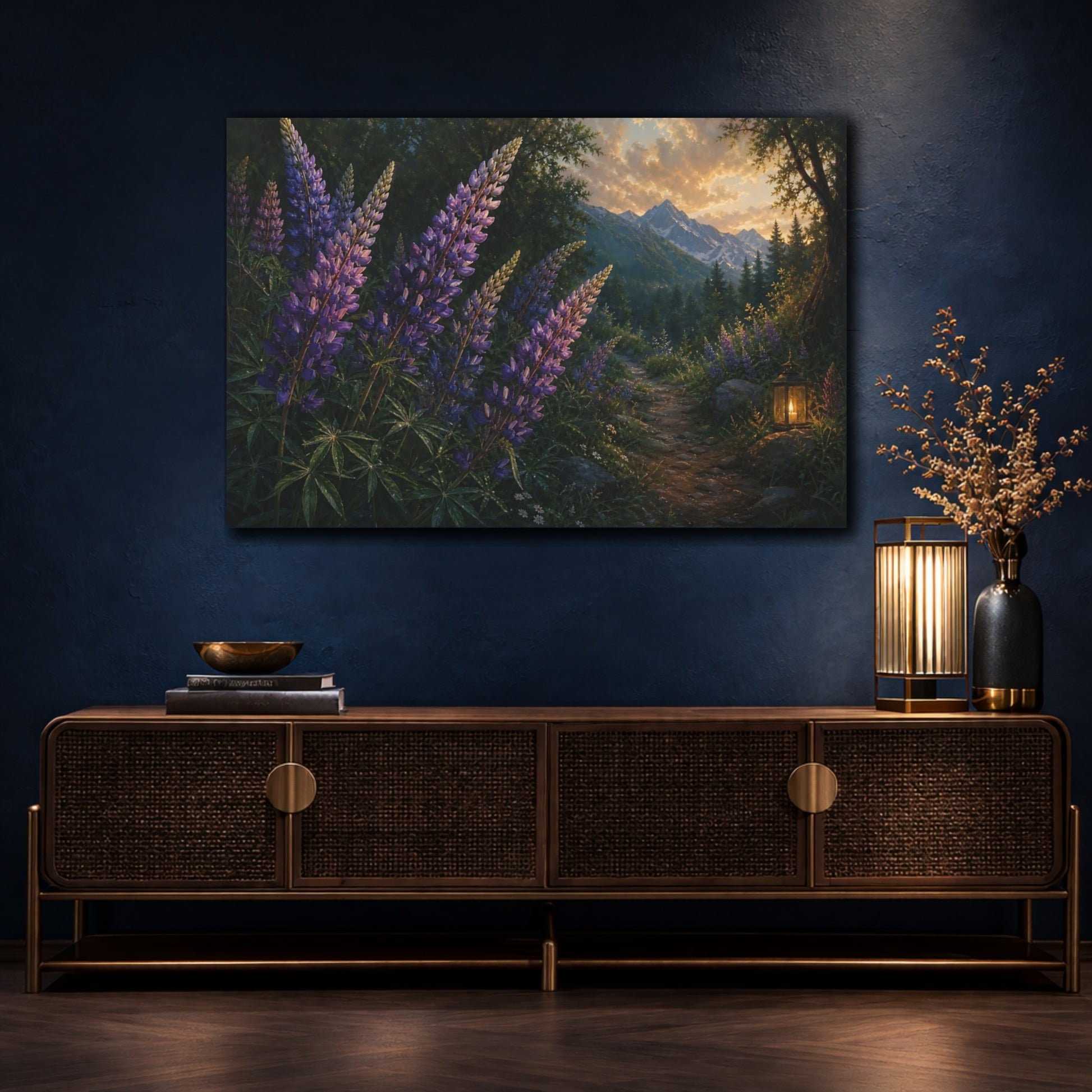 Mockup 4. Nature Lupines Purple And Green shown as stretched canvas wall art