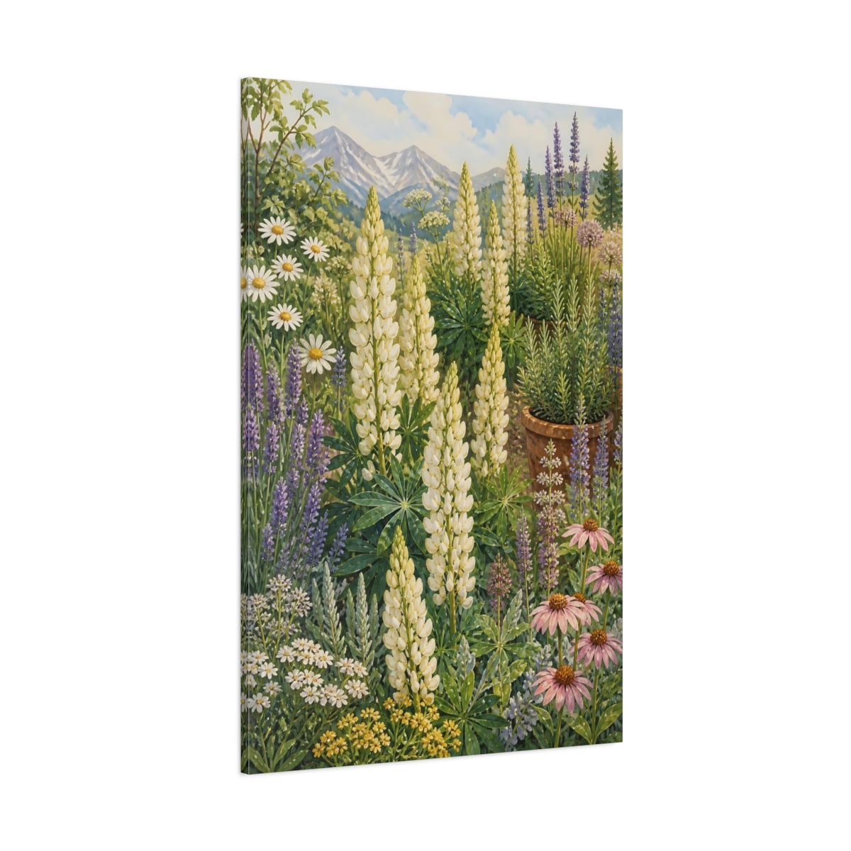 Side Mockup 1. Nature Lupines White Lupines Garden shown as stretched canvas wall art