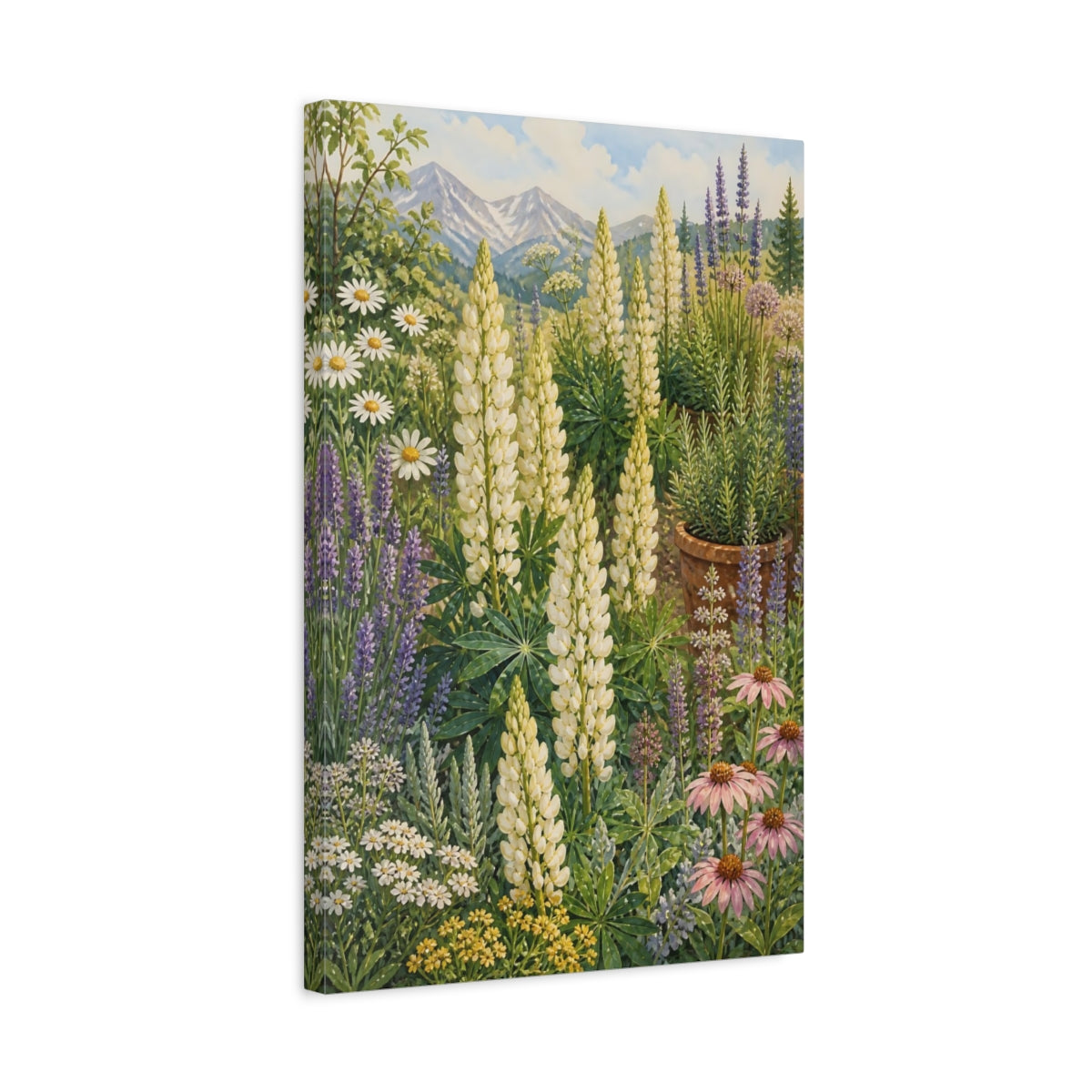 Side Mockup 3. Nature Lupines White Lupines Garden shown as stretched canvas wall art
