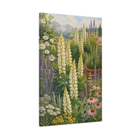 Main Mockup. Nature Lupines White Lupines Garden shown as stretched canvas wall art