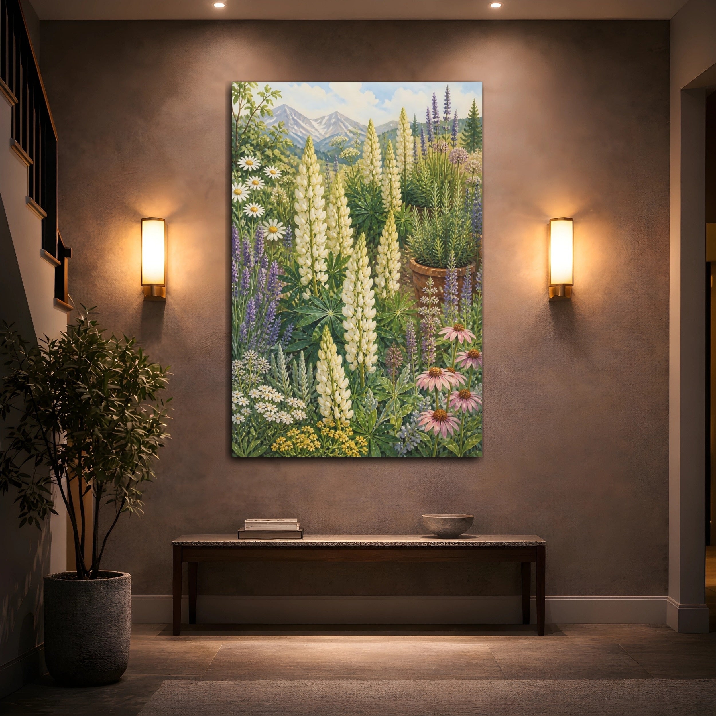 Mockup 2. Nature Lupines White Lupines Garden shown as stretched canvas wall art