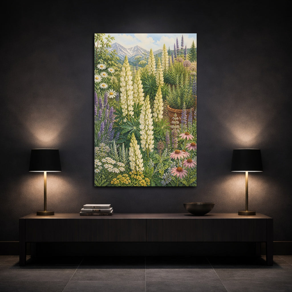 Mockup 3. Nature Lupines White Lupines Garden shown as stretched canvas wall art