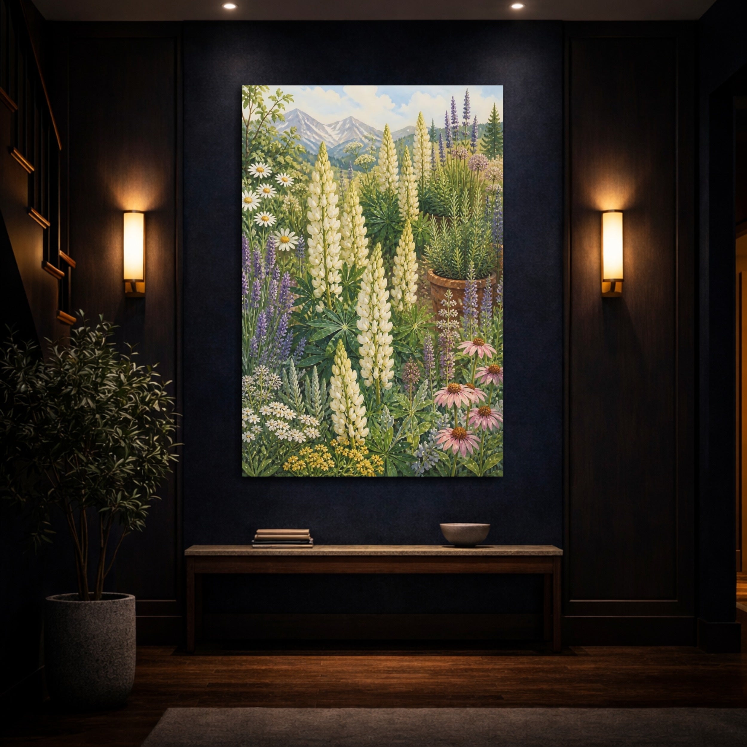 Mockup 4. Nature Lupines White Lupines Garden shown as stretched canvas wall art