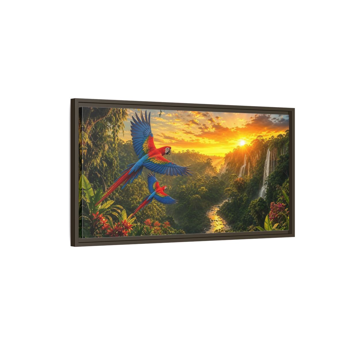 Main Mockup. Nature Macaw Parrots Tropical Sunset shown as stretched canvas wall art