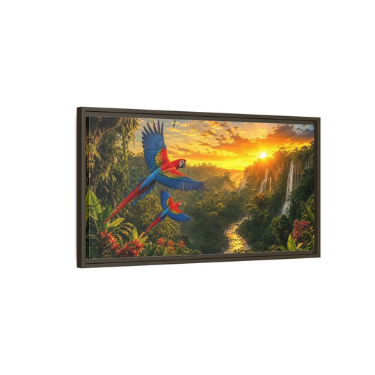 Main Mockup. Nature Macaw Parrots Tropical Sunset shown as stretched canvas wall art