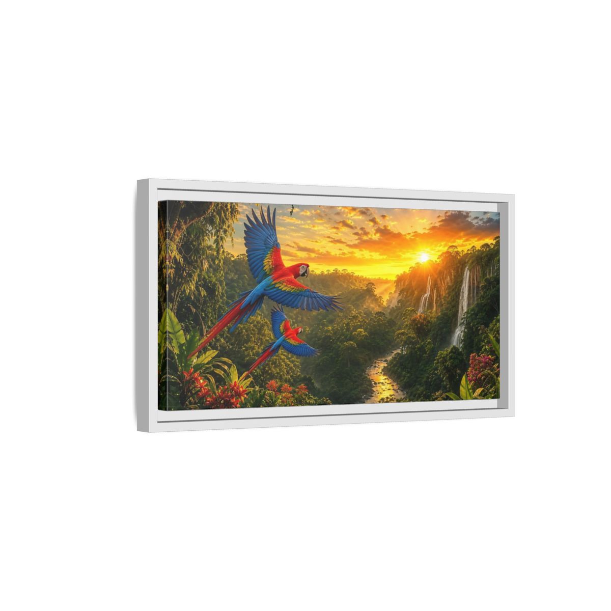 Side Mockup 6. Nature Macaw Parrots Tropical Sunset shown as stretched canvas wall art