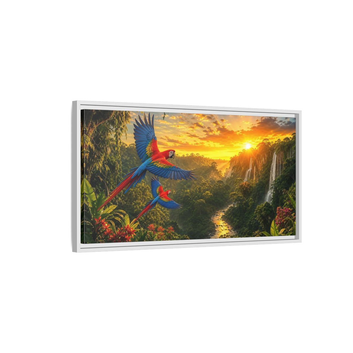 Side Mockup 1. Nature Macaw Parrots Tropical Sunset shown as stretched canvas wall art