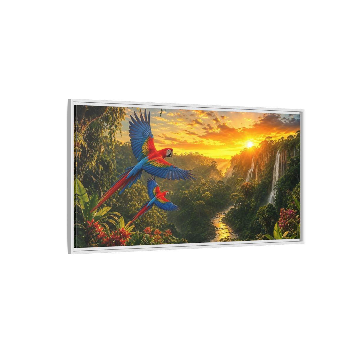 Side Mockup 3. Nature Macaw Parrots Tropical Sunset shown as stretched canvas wall art