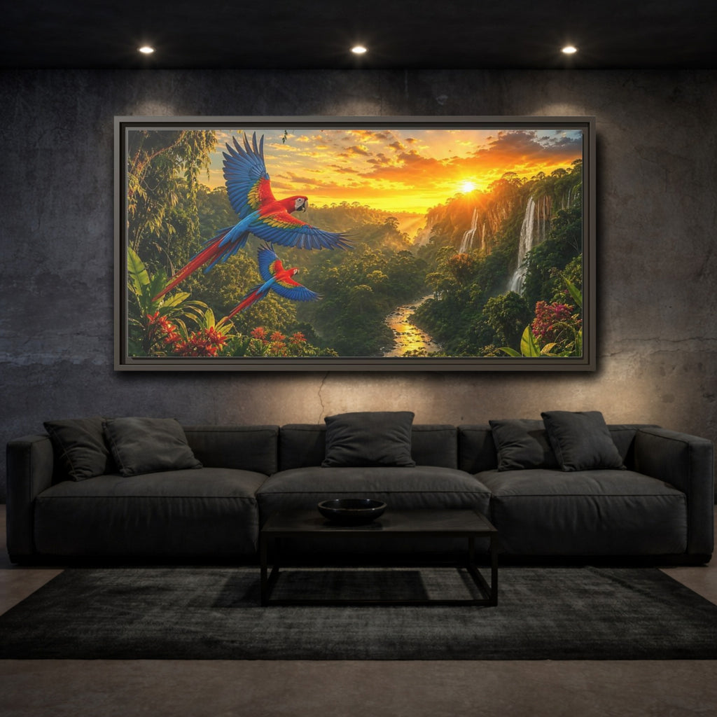 Mockup 3. Nature Macaw Parrots Tropical Sunset shown as stretched canvas wall art