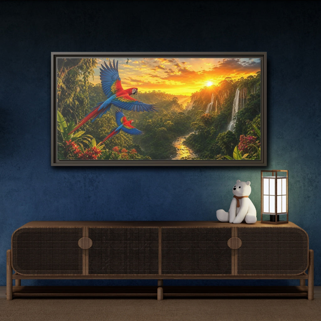 Mockup 4. Nature Macaw Parrots Tropical Sunset shown as stretched canvas wall art