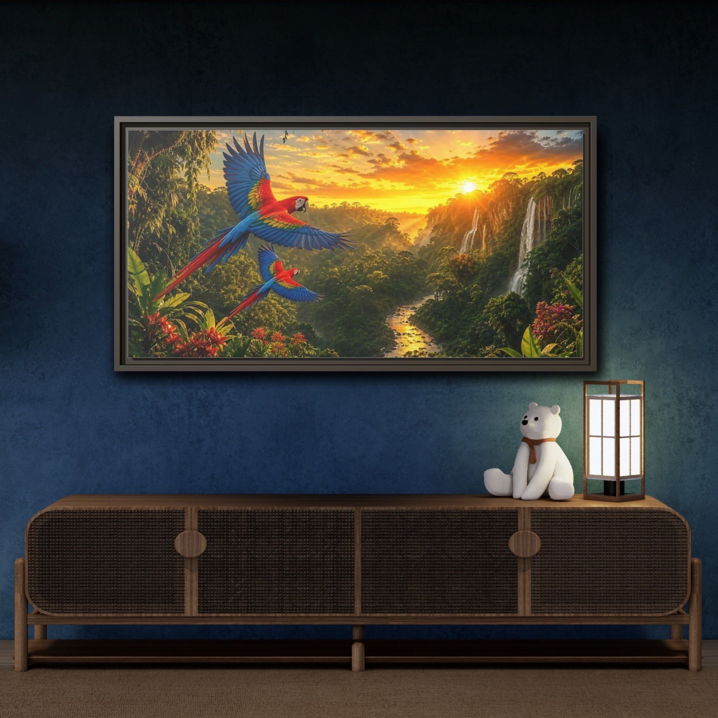 Mockup 4. Nature Macaw Parrots Tropical Sunset shown as stretched canvas wall art