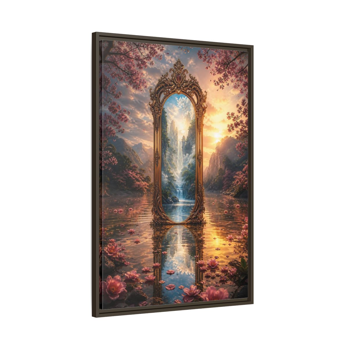 Main Mockup. Nature Magic Mirror Pink And Gold Fantasy shown as stretched canvas wall art