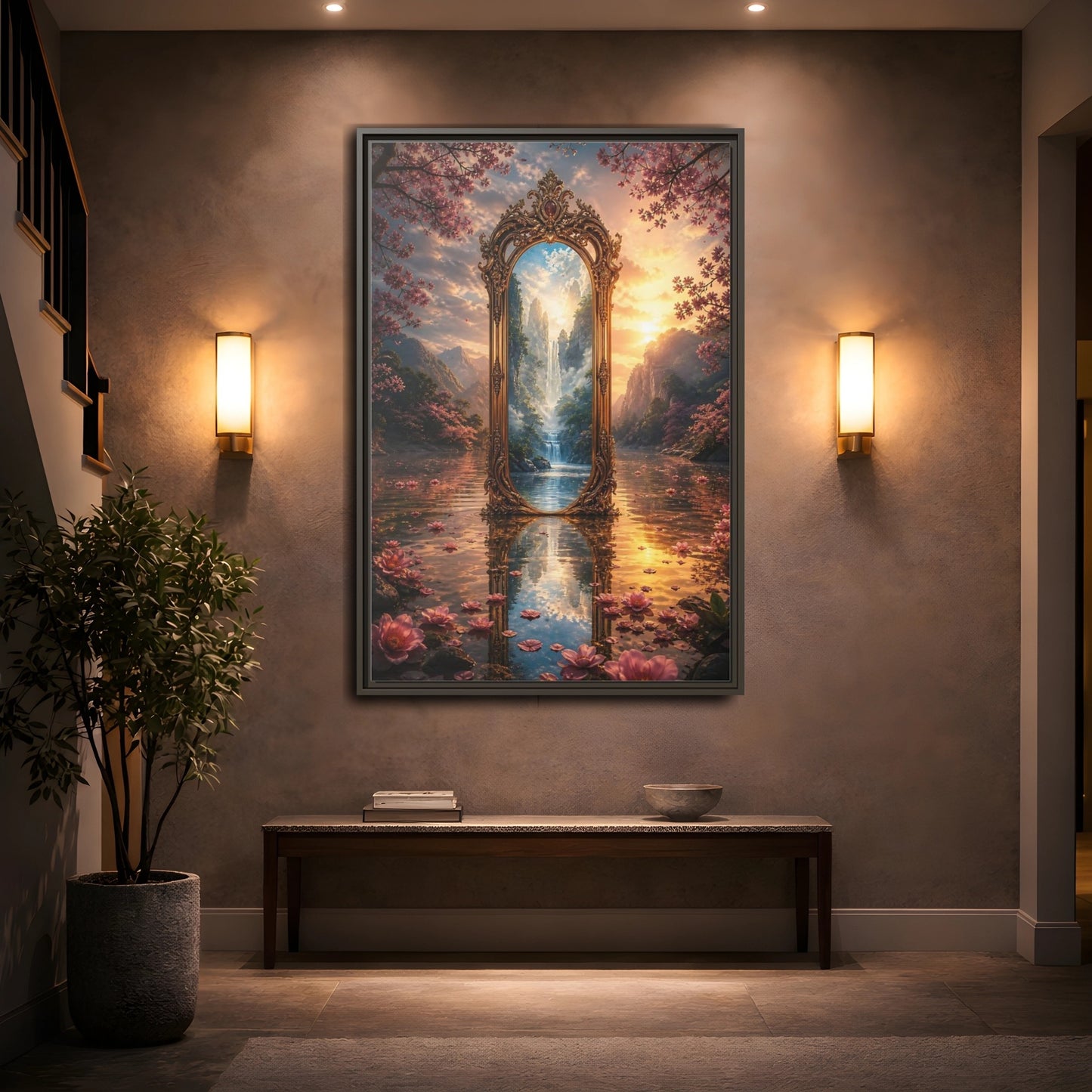 Mockup 2. Nature Magic Mirror Pink And Gold Fantasy shown as stretched canvas wall art