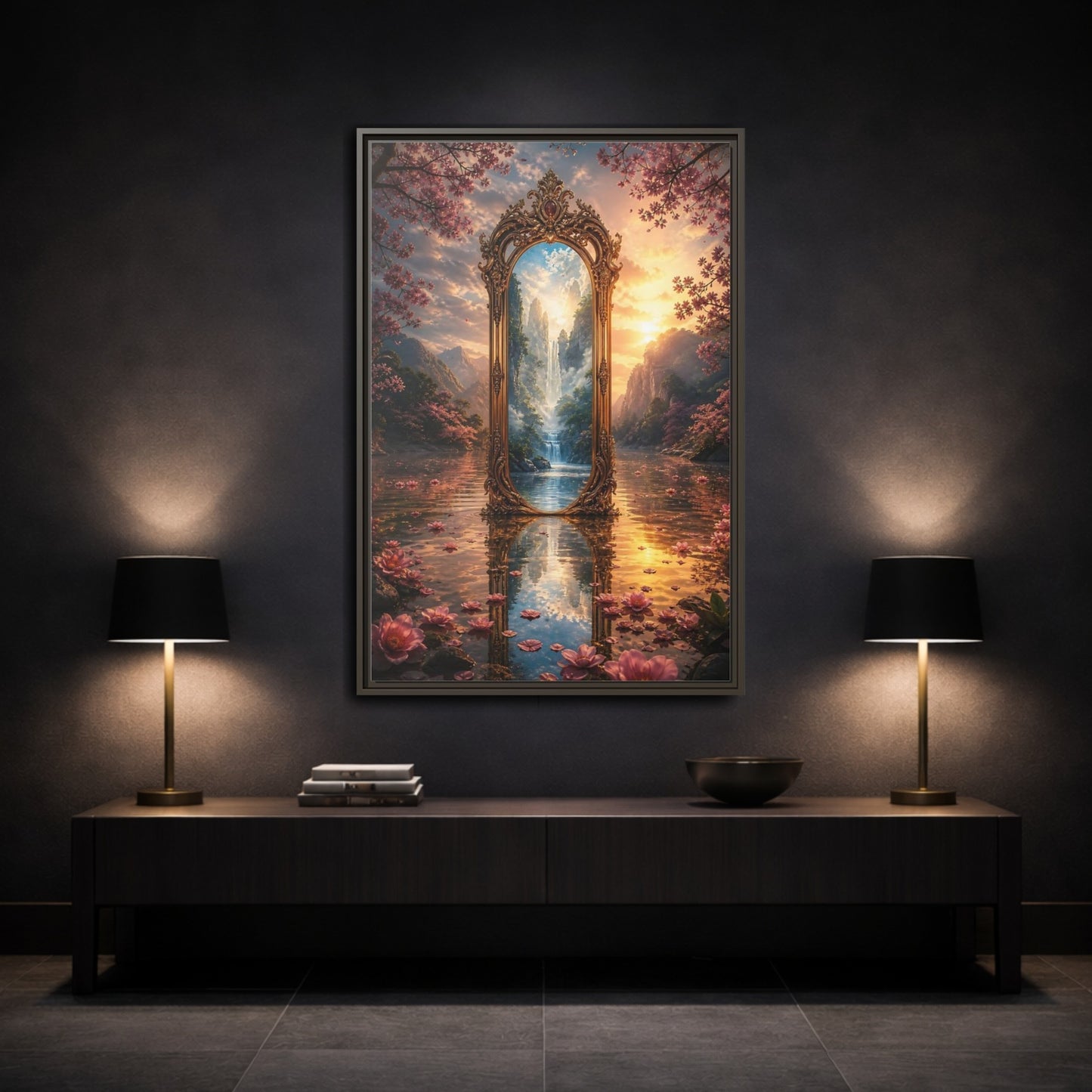 Mockup 3. Nature Magic Mirror Pink And Gold Fantasy shown as stretched canvas wall art