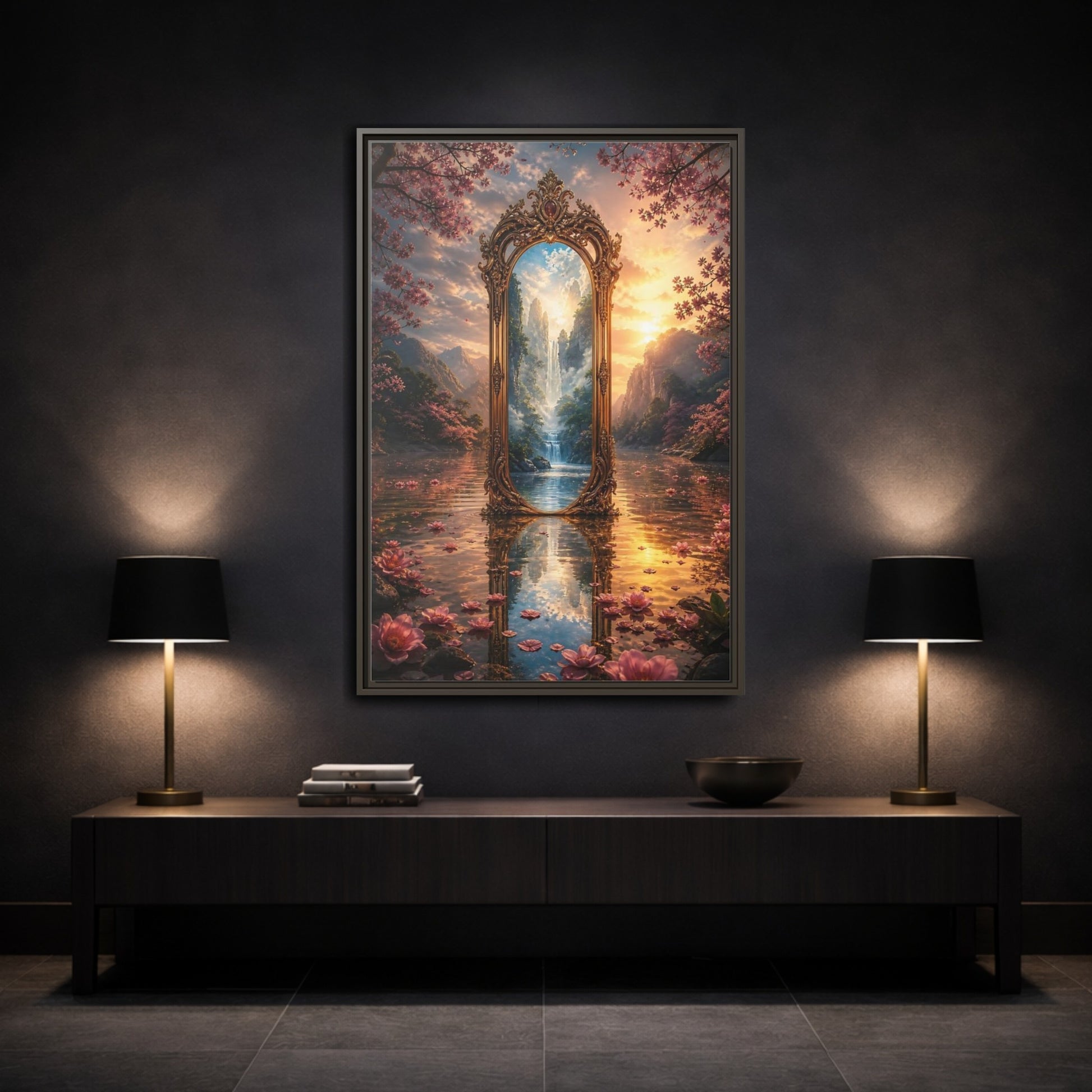 Mockup 3. Nature Magic Mirror Pink And Gold Fantasy shown as stretched canvas wall art