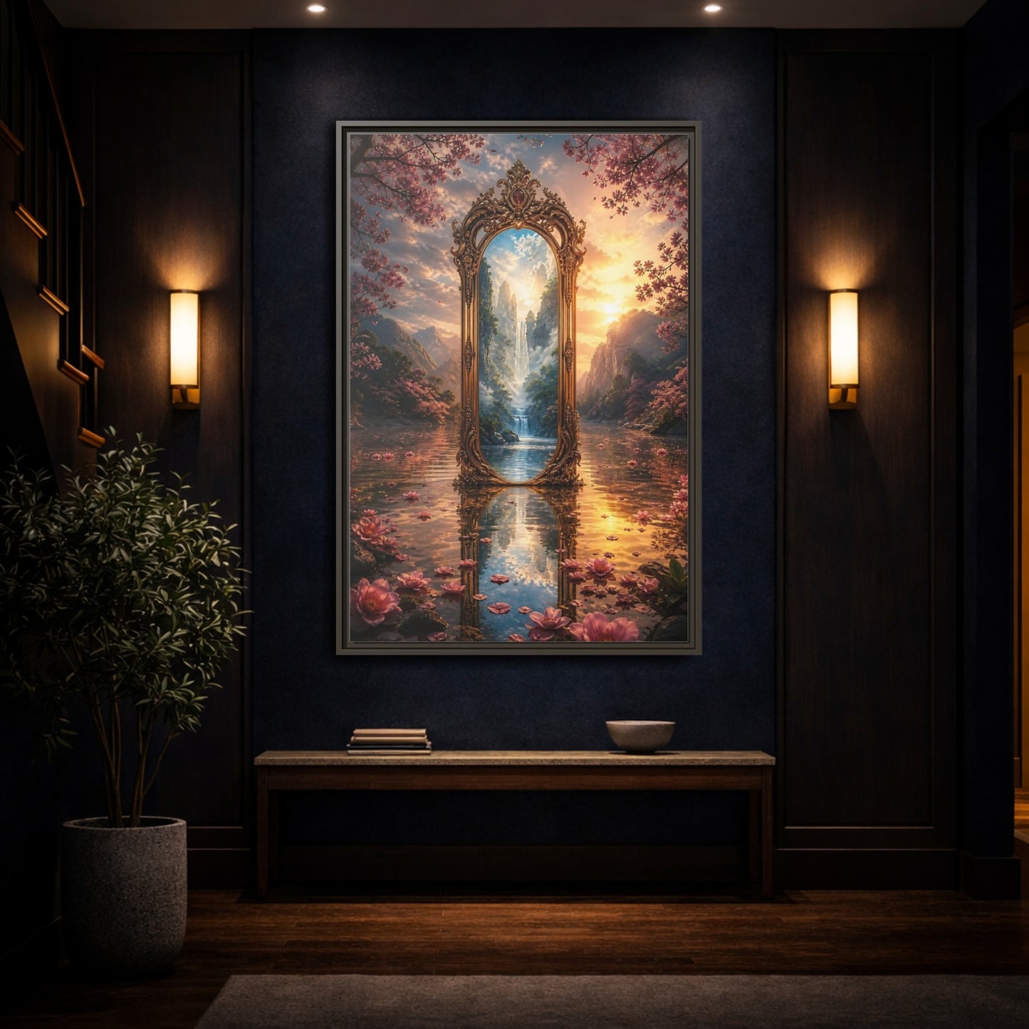 Mockup 4. Nature Magic Mirror Pink And Gold Fantasy shown as stretched canvas wall art