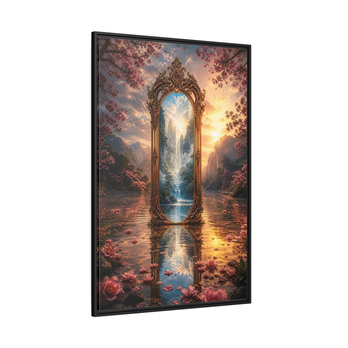 Side Mockup 12. Nature Magic Mirror Pink And Gold Fantasy shown as stretched canvas wall art