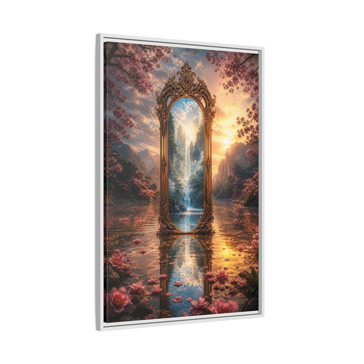 Side Mockup 9. Nature Magic Mirror Pink And Gold Fantasy shown as stretched canvas wall art