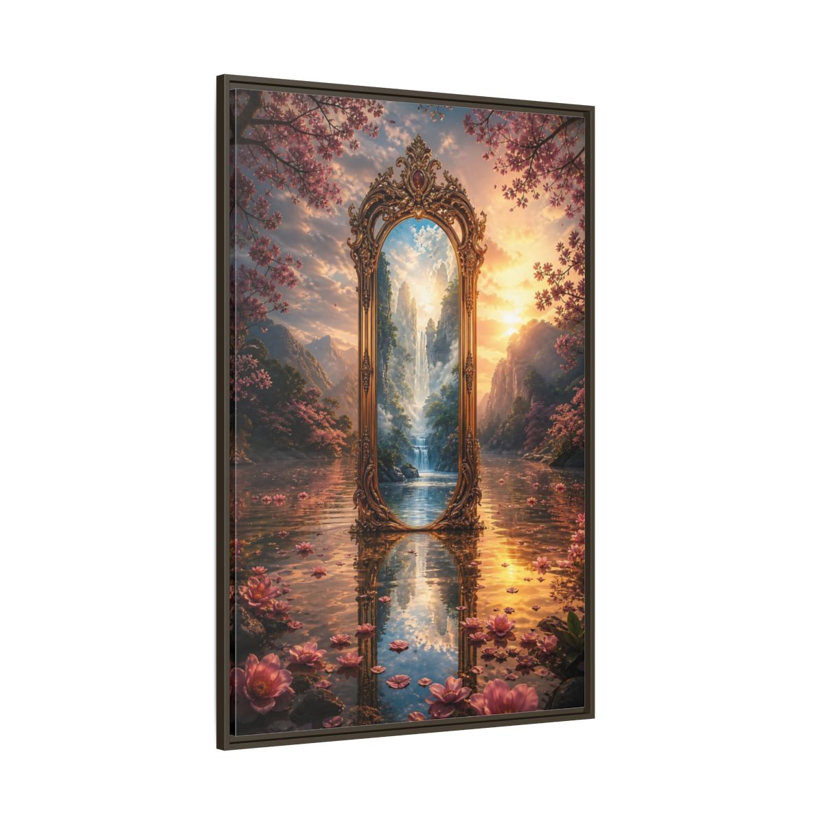 Side Mockup 8. Nature Magic Mirror Pink And Gold Fantasy shown as stretched canvas wall art