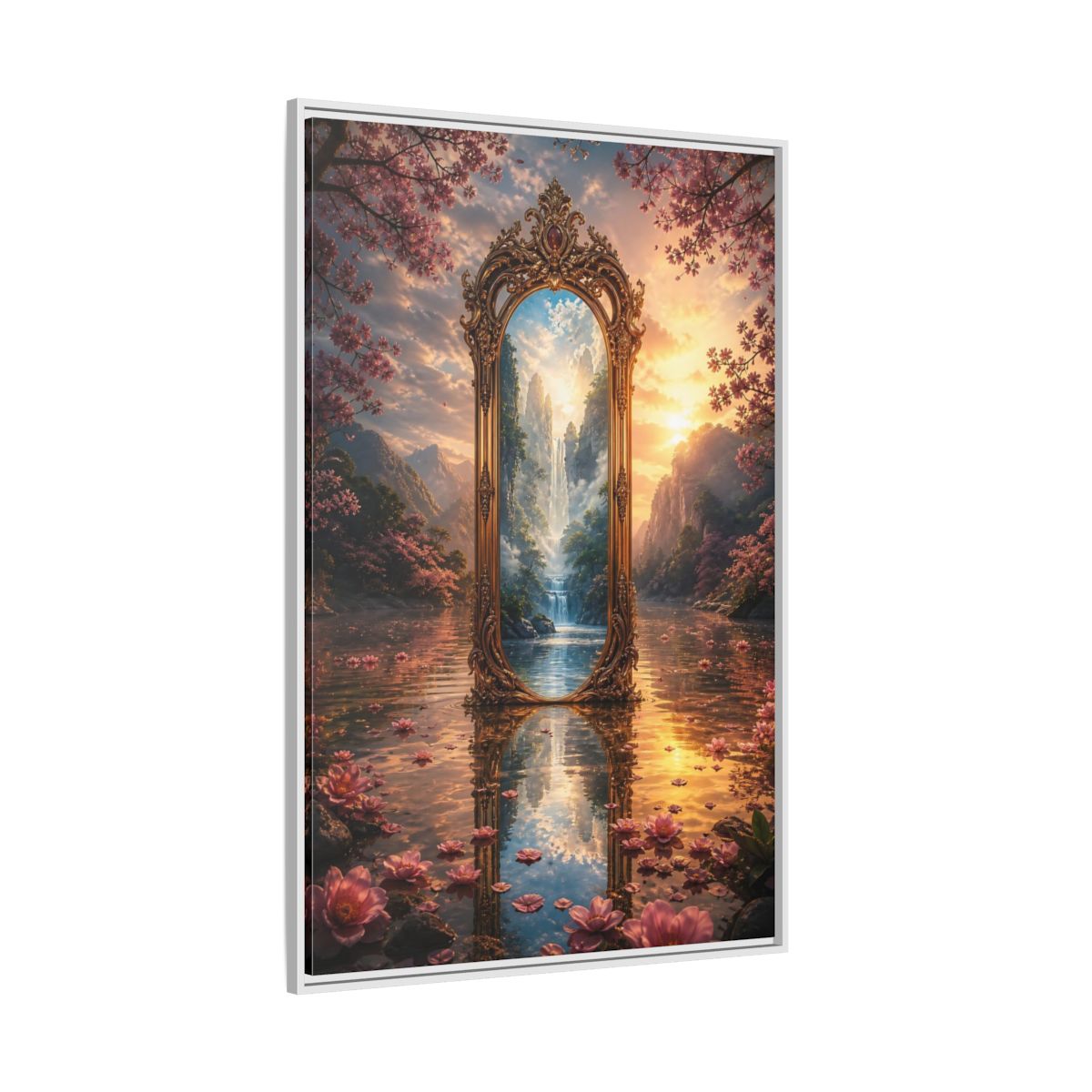 Side Mockup 7. Nature Magic Mirror Pink And Gold Fantasy shown as stretched canvas wall art