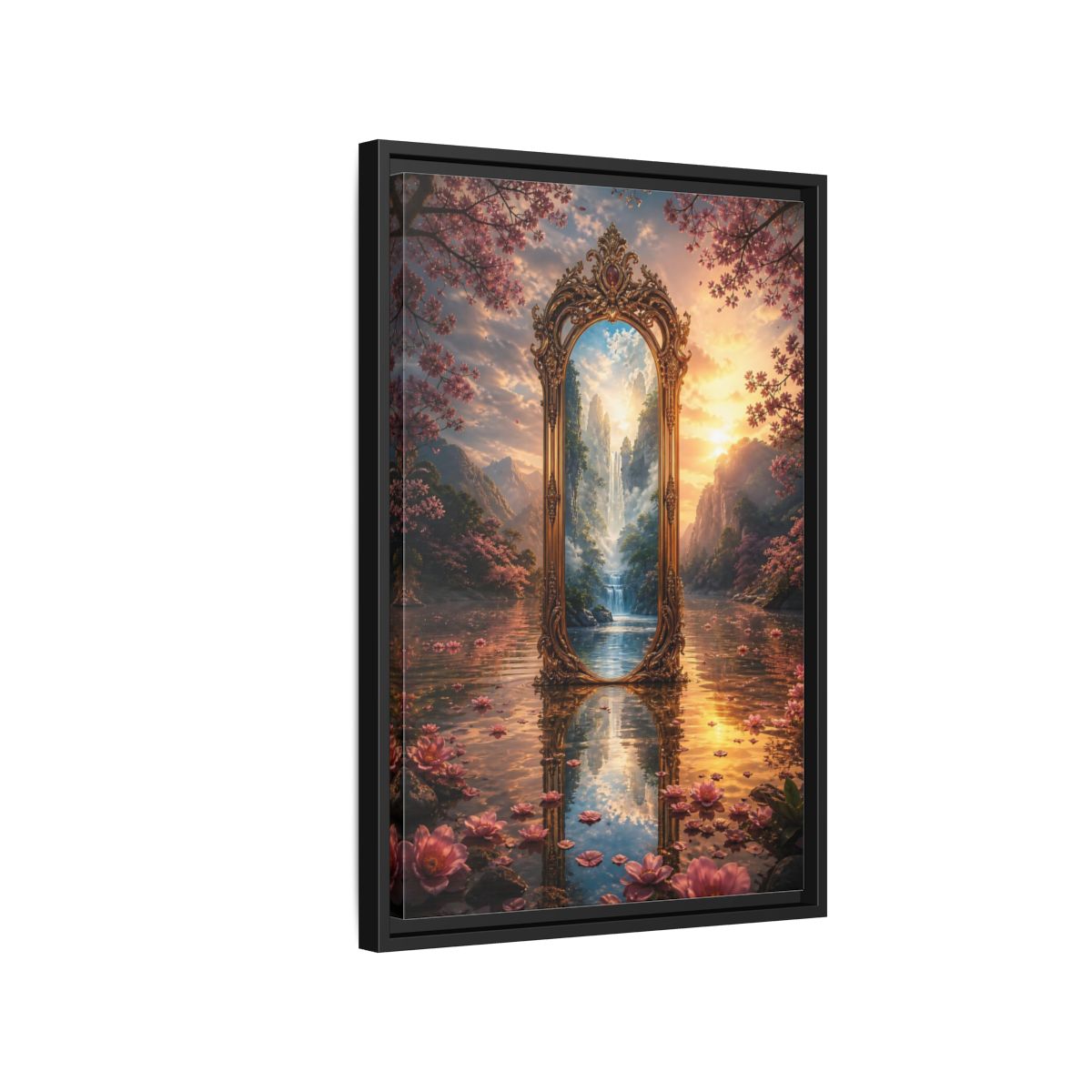 Side Mockup 3. Nature Magic Mirror Pink And Gold Fantasy shown as stretched canvas wall art