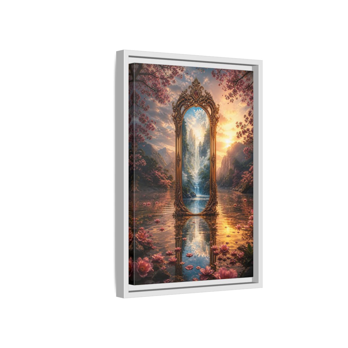 Side Mockup 4. Nature Magic Mirror Pink And Gold Fantasy shown as stretched canvas wall art