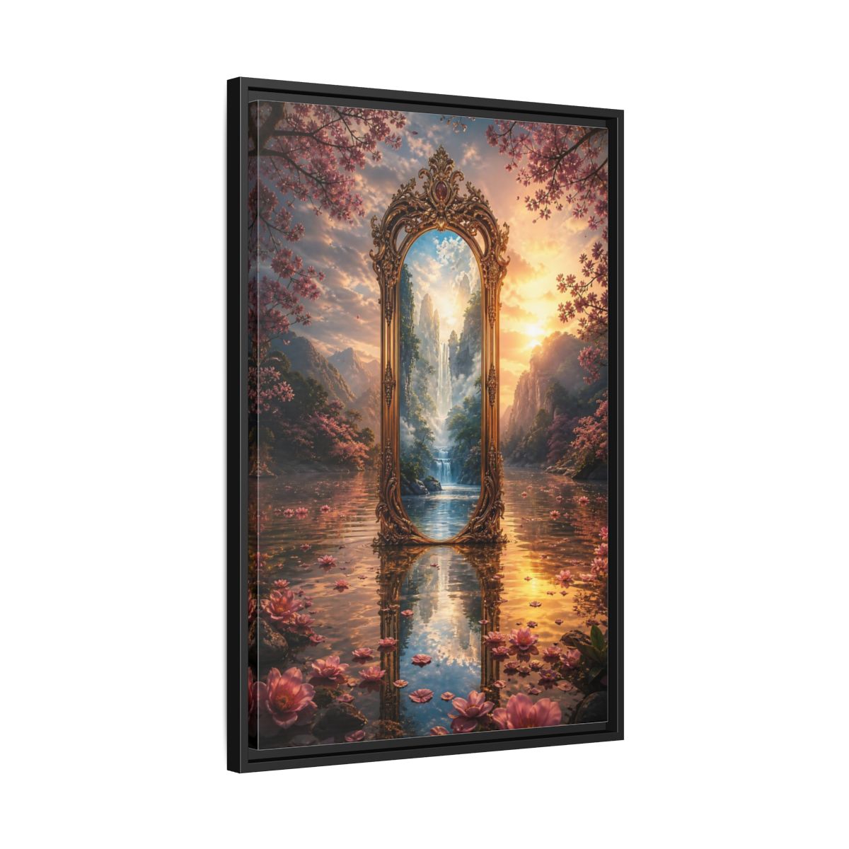 Side Mockup 14. Nature Magic Mirror Pink And Gold Fantasy shown as stretched canvas wall art