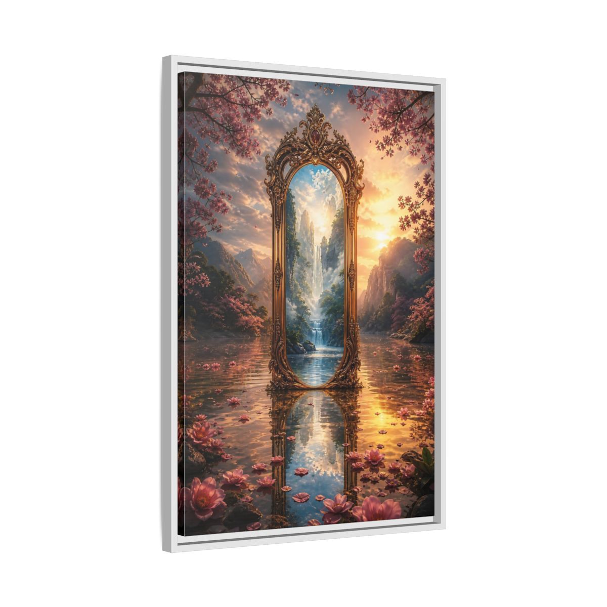 Side Mockup 10. Nature Magic Mirror Pink And Gold Fantasy shown as stretched canvas wall art