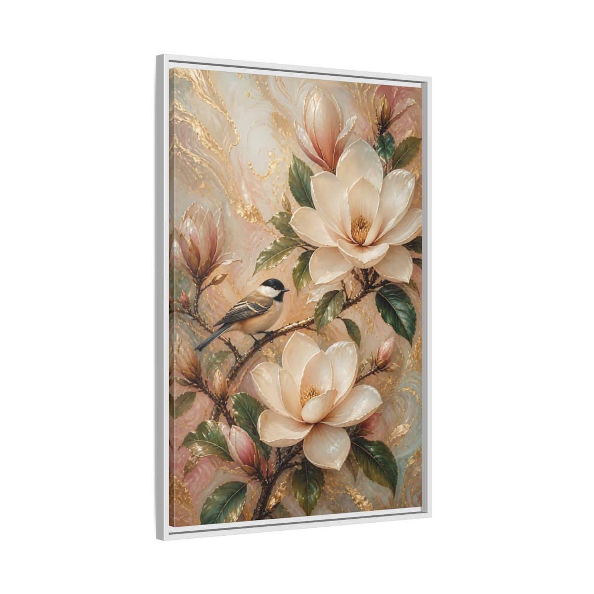 Side Mockup 9. Nature Magnolia Bird Pink Gold Nature shown as stretched canvas wall art