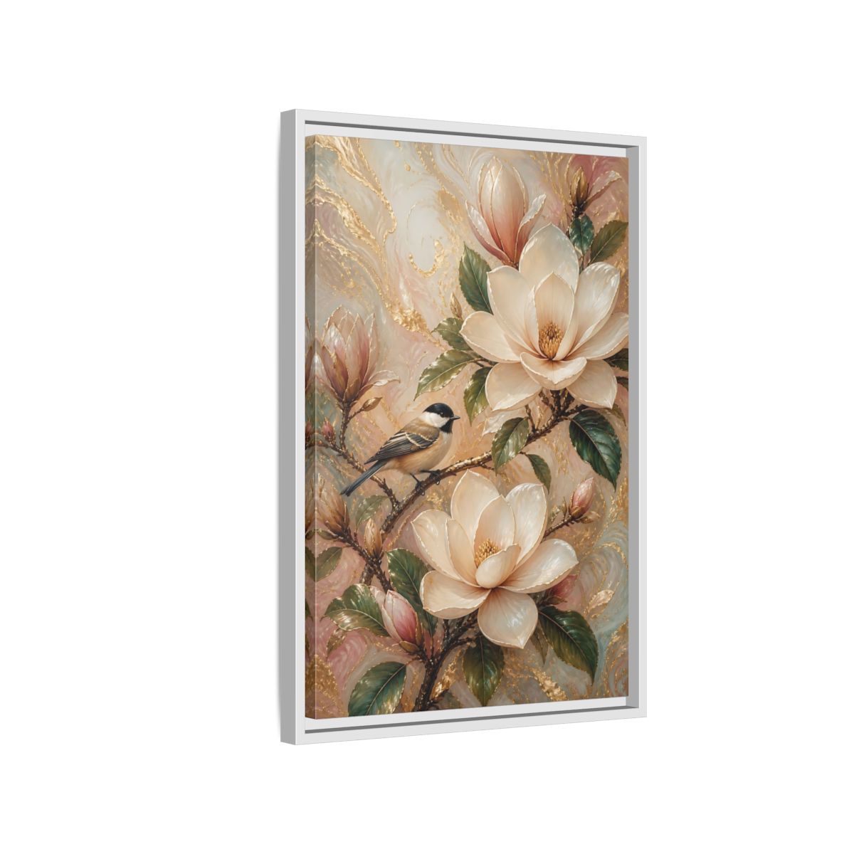 Side Mockup 1. Nature Magnolia Bird Pink Gold Nature shown as stretched canvas wall art