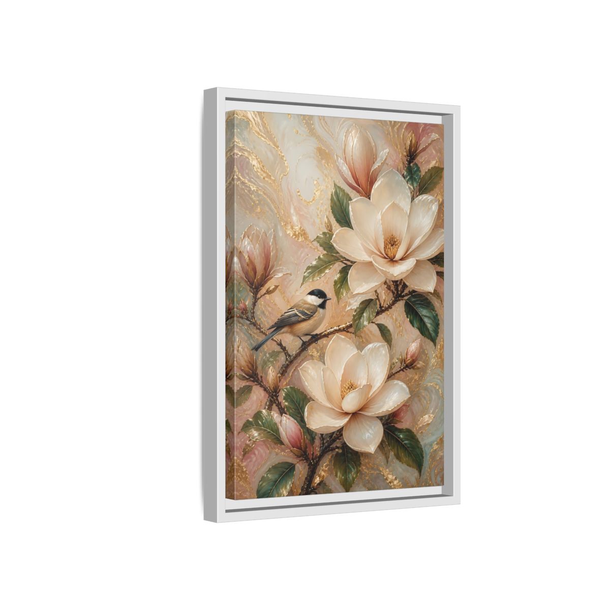 Side Mockup 4. Nature Magnolia Bird Pink Gold Nature shown as stretched canvas wall art