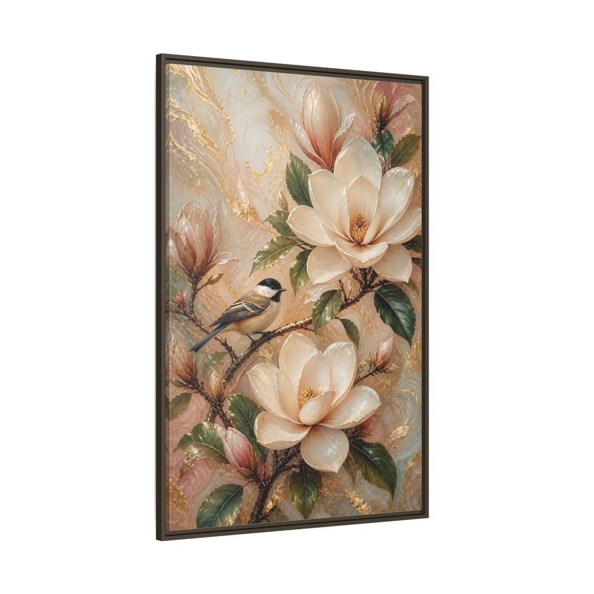 Side Mockup 8. Nature Magnolia Bird Pink Gold Nature shown as stretched canvas wall art