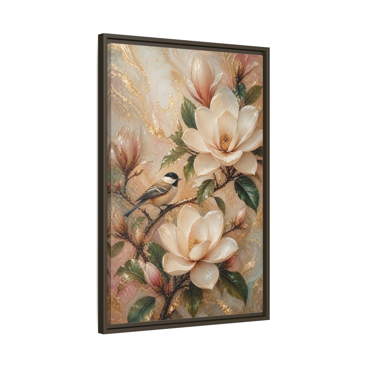 Side Mockup 11. Nature Magnolia Bird Pink Gold Nature shown as stretched canvas wall art
