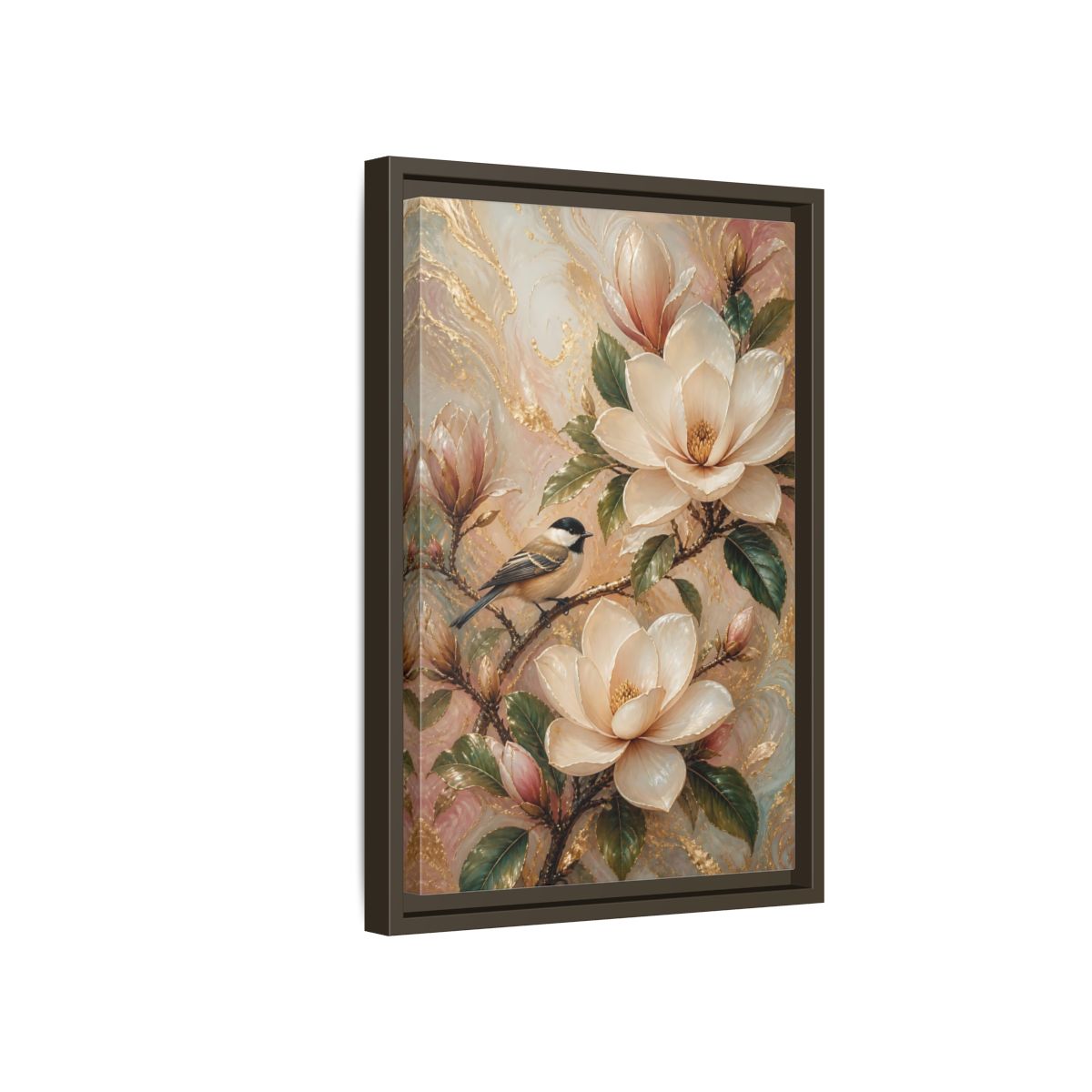 Side Mockup 5. Nature Magnolia Bird Pink Gold Nature shown as stretched canvas wall art
