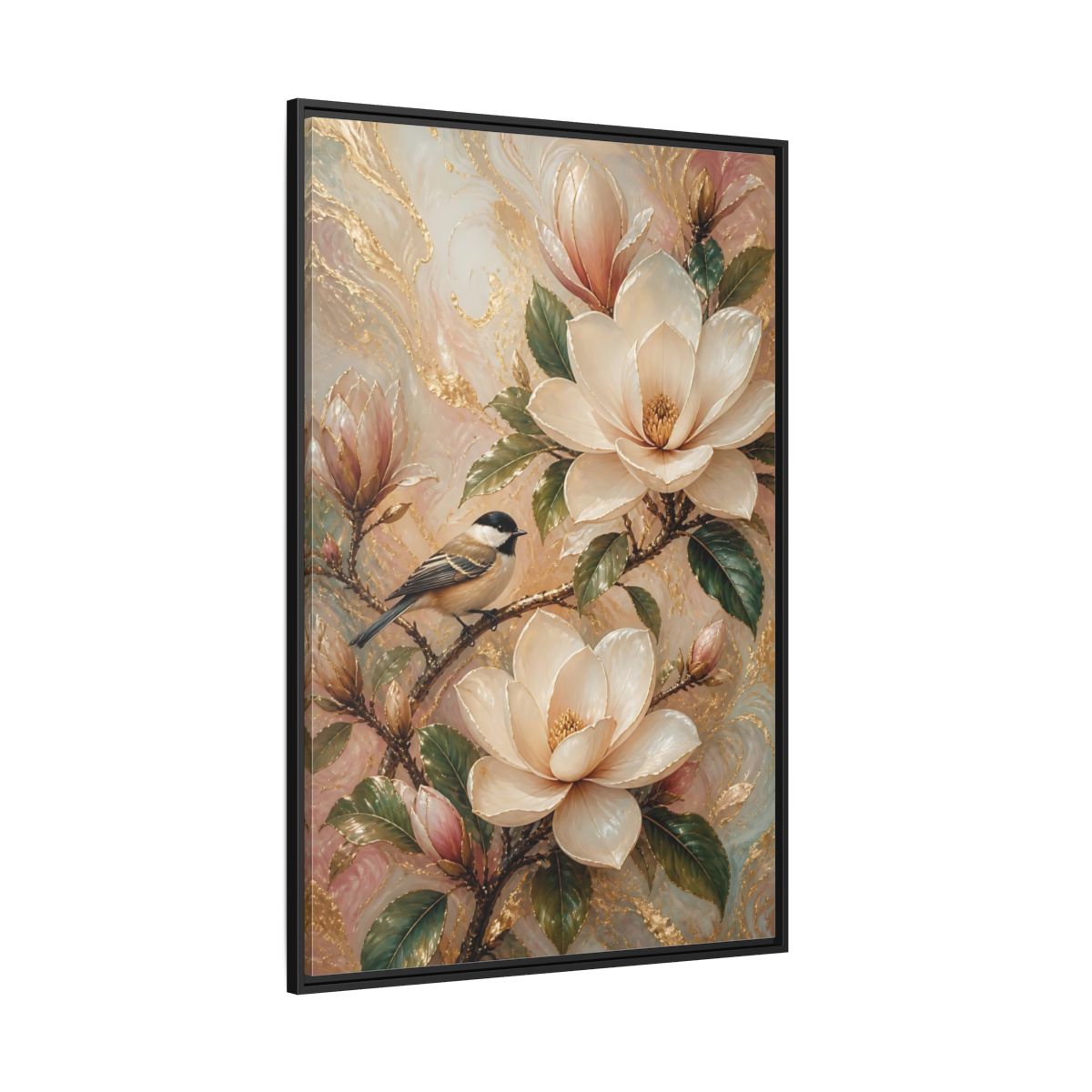Side Mockup 12. Nature Magnolia Bird Pink Gold Nature shown as stretched canvas wall art