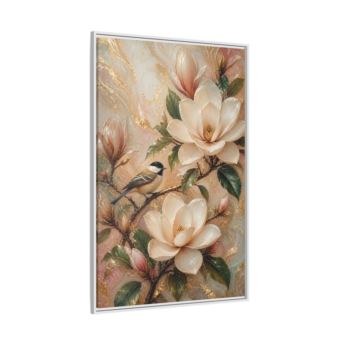 Side Mockup 7. Nature Magnolia Bird Pink Gold Nature shown as stretched canvas wall art
