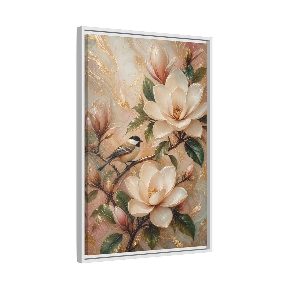 Side Mockup 10. Nature Magnolia Bird Pink Gold Nature shown as stretched canvas wall art