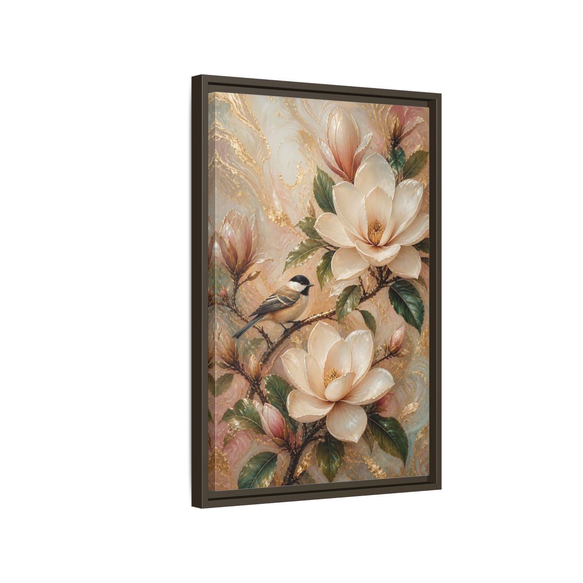Side Mockup 2. Nature Magnolia Bird Pink Gold Nature shown as stretched canvas wall art