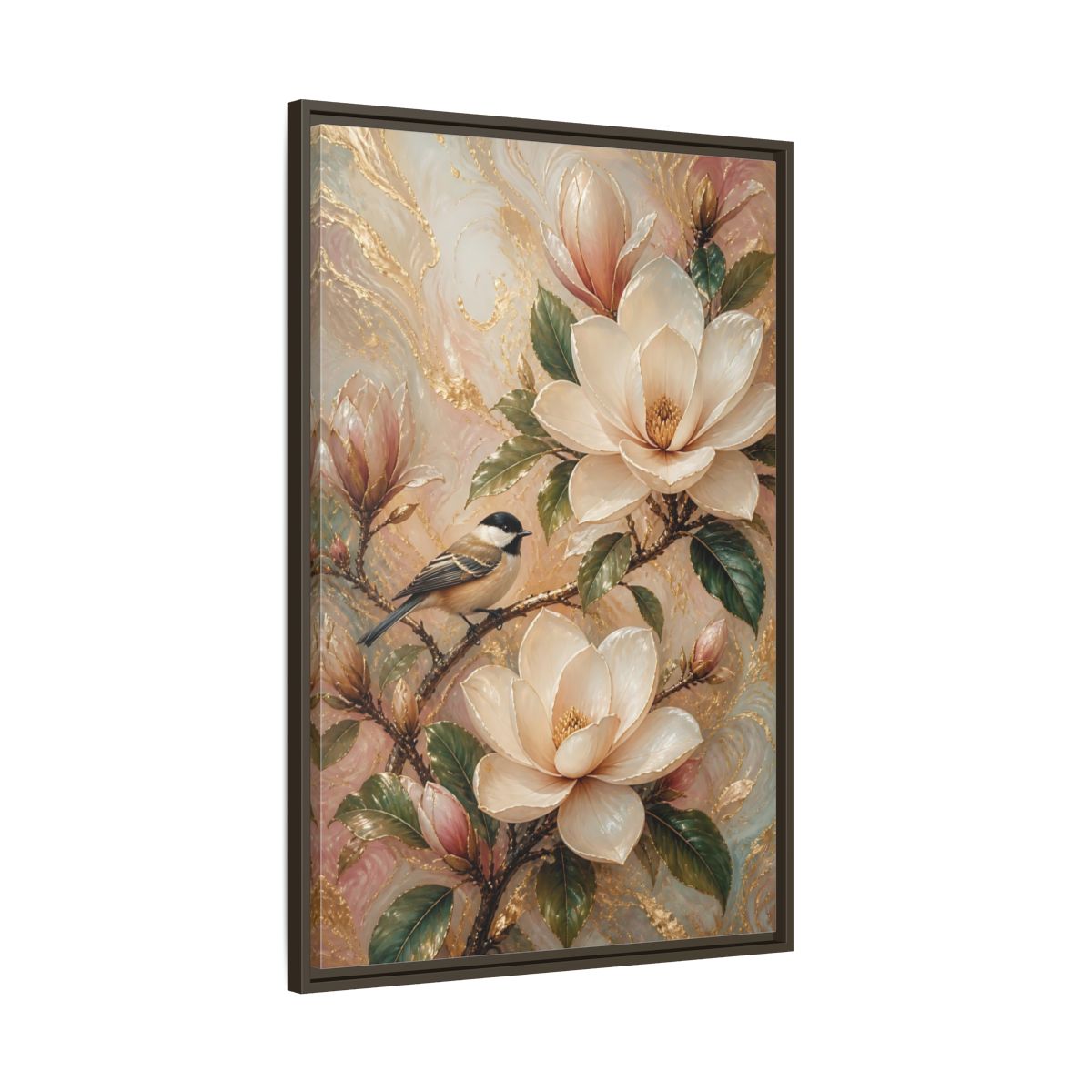 Main Mockup. Nature Magnolia Bird Pink Gold Nature shown as stretched canvas wall art