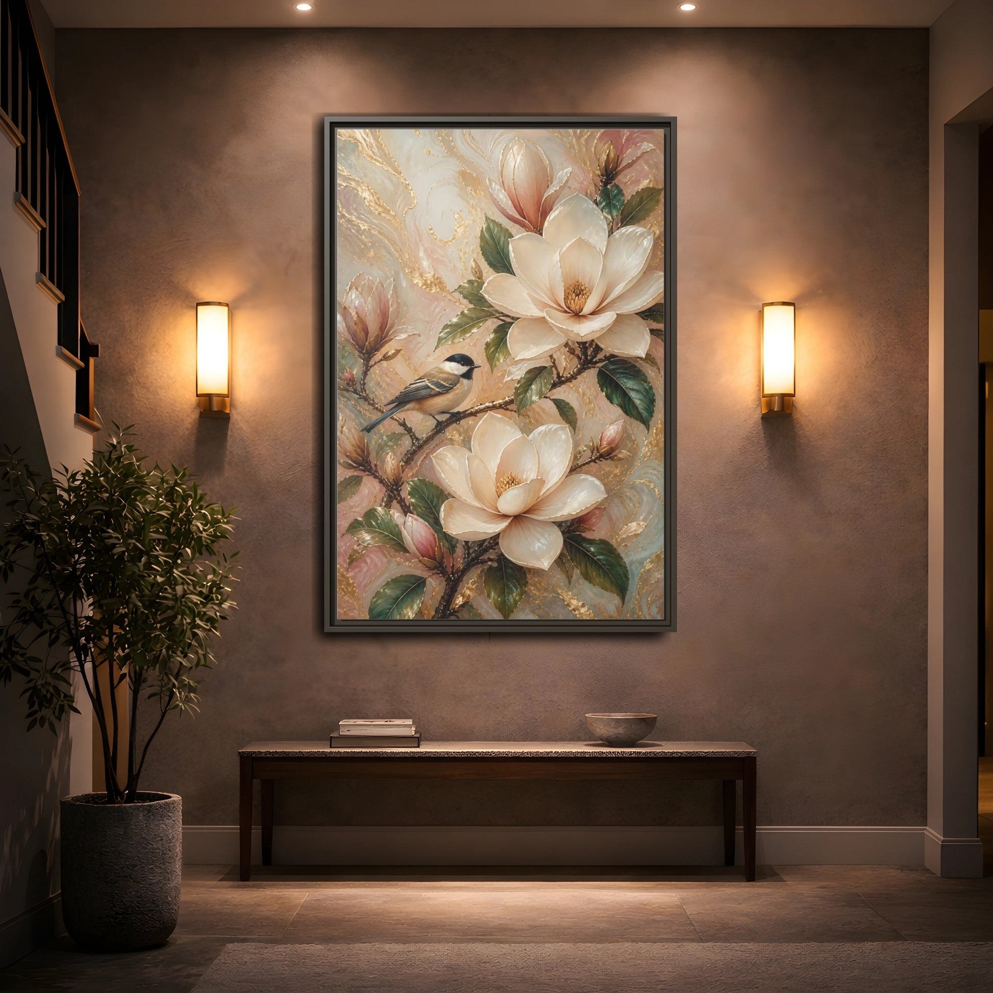 Mockup 2. Nature Magnolia Bird Pink Gold Nature shown as stretched canvas wall art