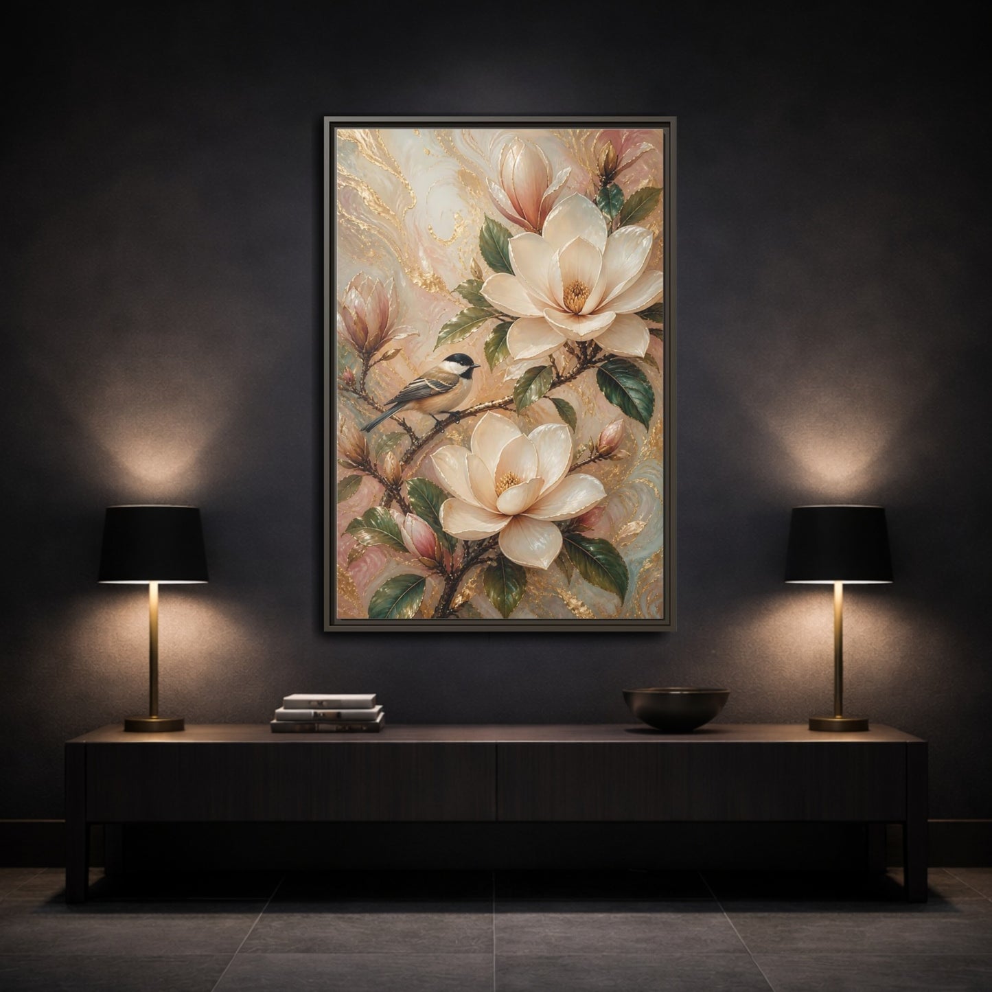 Mockup 3. Nature Magnolia Bird Pink Gold Nature shown as stretched canvas wall art