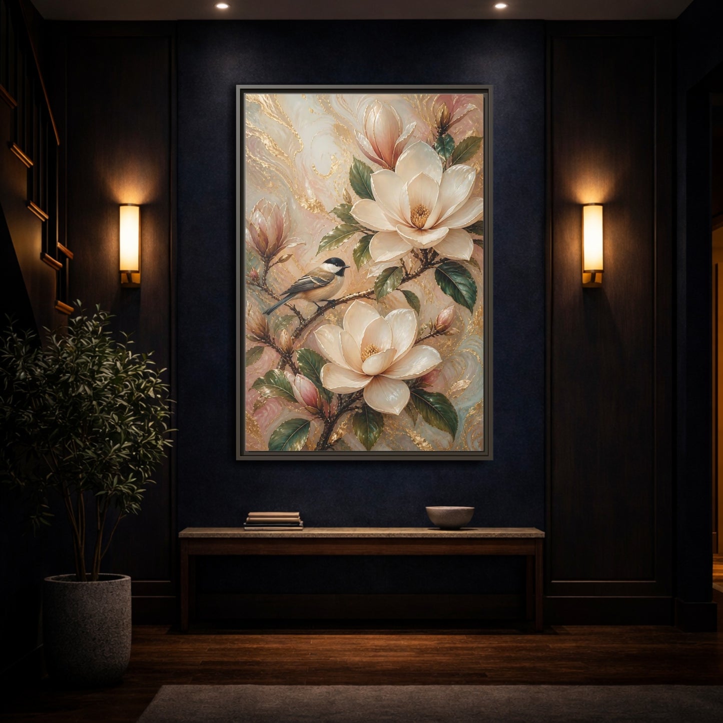 Mockup 4. Nature Magnolia Bird Pink Gold Nature shown as stretched canvas wall art