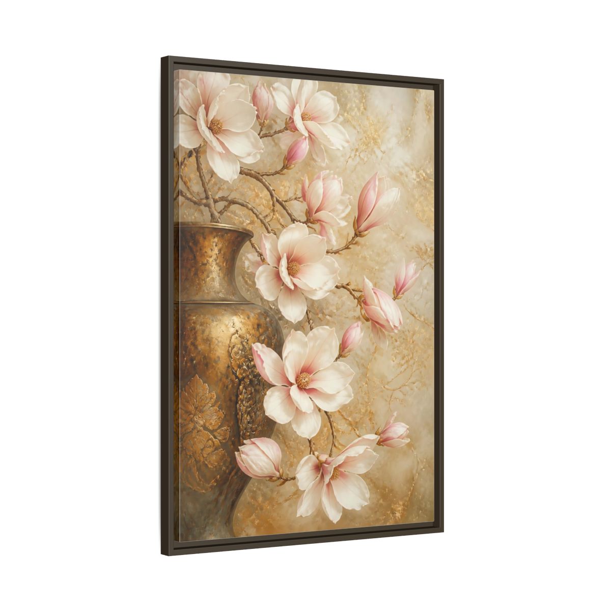 Main Mockup. Nature Magnolia Flowers Pink And Gold shown as stretched canvas wall art