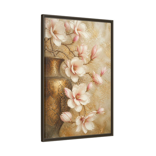 Main Mockup. Nature Magnolia Flowers Pink And Gold shown as stretched canvas wall art