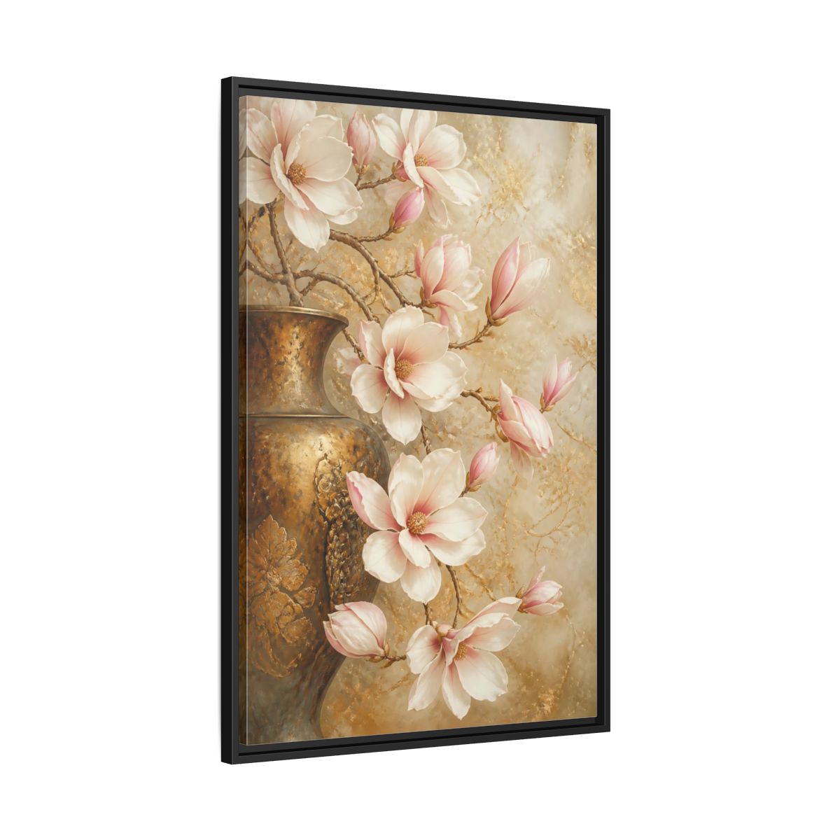 Side Mockup 13. Nature Magnolia Flowers Pink And Gold shown as stretched canvas wall art