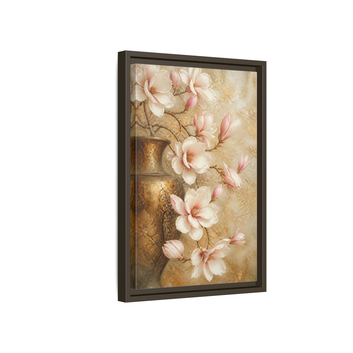 Side Mockup 5. Nature Magnolia Flowers Pink And Gold shown as stretched canvas wall art